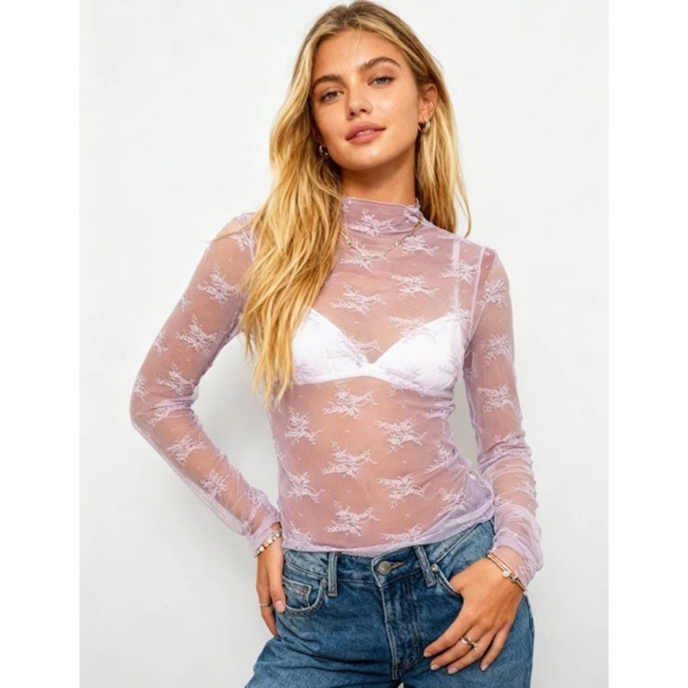 NWT Pink Sheer Floral Lace Top • Coquette Fairycore Mock Neck Long Sleeve Size S